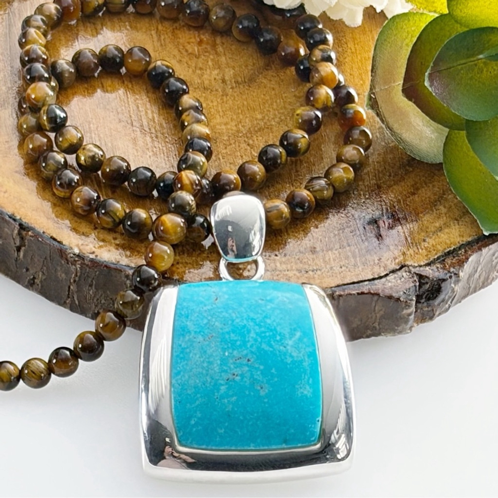 Vintage Sterling Silver 925 Turquoise Pendant Tiger’s Eye Necklace Southwest